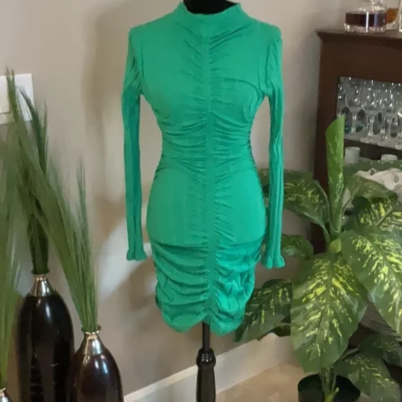 MONROE- Green Ruched Long Sleeve Body-con Dress - NEW - Picture 1 of 10